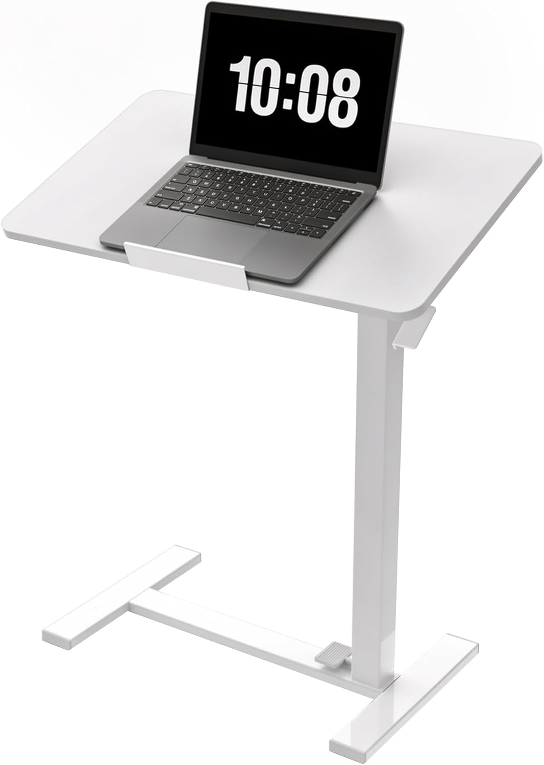 DUMOS Adjustable Overbed Bedside Table with Hidden Wheels, Mobile Standing Desk with Pneumatic Lift, Portable Computer Workstation Cart for Bed, Couch, Office, Sofa, White