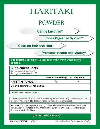 Organic Haritaki Powder USDA Certified Organic, 1/2 Pound - Terminalia chebula - Detoxification & Rejuvenation, Brain Function and Vitality
