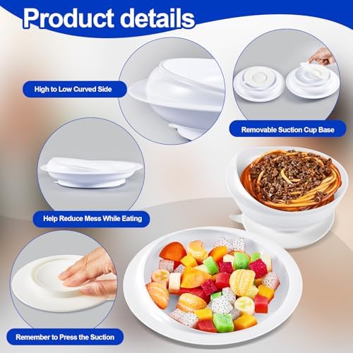 Hushee 2 Sets Adaptive Spill Proof Scoop Bowl and Plate Set with Suction Base Non Skid Self Feed Suction Dinnerware for Elderly Disabled Handicapped from Parkinsons Tremor (White)