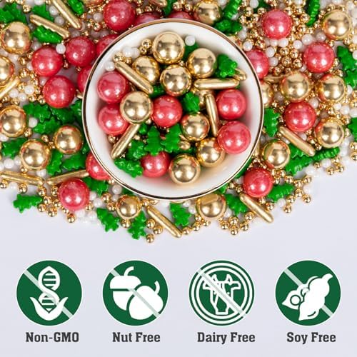 Twisweet Christmas Sprinkles, Gold and Red Pearls for Cake Decorating, Edible Christmas Tree Sugar Sprinkles for Baking, Candy Pearls Rods Mix, Cake Topper Ice Cream Cupcake Cookie Toppings Dessert Decorations, Xmas Party Supplies (130g/4.58oz)