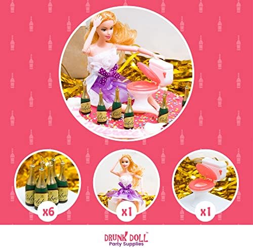 Drunk Doll Cake Topper Happy 21st Birthday Decorations For Her With Mini Liquor Champagne Wine Bottle Candles, Toilet & Large Jointed Doll | Funny Custom Cake Party Supplies For Bachelorette & More