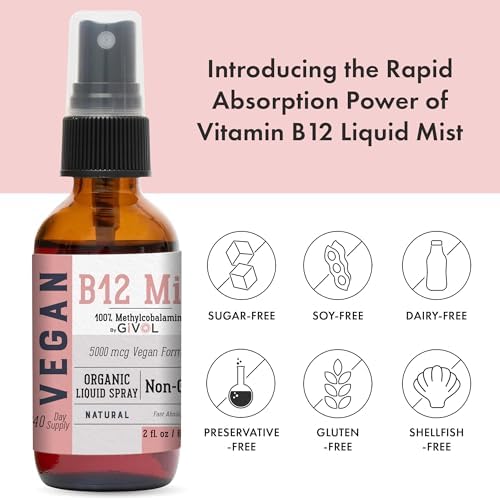B12 Liquid Spray Mist – Hydrating Fine Mist Spray for Everyday Use – Easy Absorption & Convenient Application for Kids & Adults - 2 Fl Oz / 60 ml Travel-Friendly Bottle – 240 Spray Supply