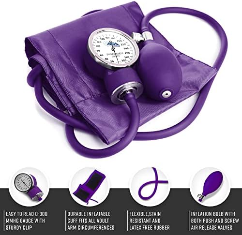 ASA TECHMED Dual Head Sprague Stethoscope and Sphygmomanometer Manual Blood Pressure Cuff Set with Case - Accurate Blood Pressure Monitoring Kit for Healthcare Professionals & Students, Purple