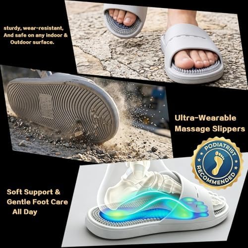 Acupressure Massage Slippers with Textured Footbed, Pink and Gray, 2 Pack (Grey, US Women 8-9/ Men 6.5-7.5)