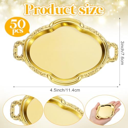 50 Pcs Oval Mini Baroque Dessert Display Tray Mini Elegant Plastic Serving Tray Small Cake Candy Plates for Weddings Party Bridal Baby Shower, Birthday, Candy Jars Decorations (Gold)