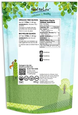 Food to Live Organic Red Quinoa, 3 Pounds – Non-GMO, Whole Grain, Kosher, Vegan, Sirtfood, Bulk. Quick-Cooking Grain. Great Replacement for Rice and Pasta.