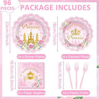 96pcs Princess Birthday Party Decorations Pink Princess Scalloped Plates Napkin Tableware Set Pink Floral Gold Castle Fairytale Disposable Tableware for Girls Birthday Baby Shower Party Supplies Favor
