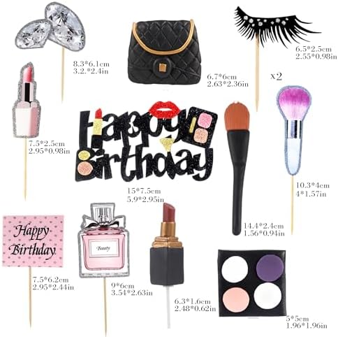 12Pack Makeup Cake Topper,Clay Lipstick Perfume Brush Cosmetic Happy Birthday Picks Cake Cupcake Decoration for Girl Women Makeup Spa Salon Birthday Party Supplies