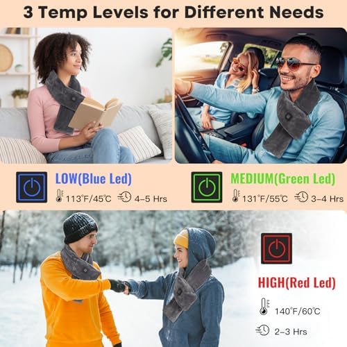 Neck Heating Pad Cordless, Rechargeable Heated Scarf with 5000mAh Power Bank, Portable Neck Warmer with 3 Heating Levels, Heating Pad for Neck Pain Relief and Stiffness, Christmas Gift, Grey