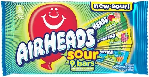 Airheads SOUR Candy Bars,Sour Watermelon Punch,Blue Blast,Lemon Berry Squeeze,9 Bar Movie Theater Box,(Pack of 2)