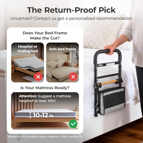 C1 Fold Pro Bed Rails for Elderly Adults Safety - Bed Cane Assist Rail for Seniors with Activated Light Adjustable Height