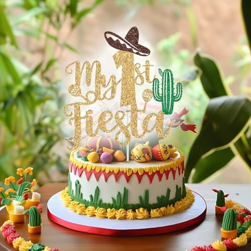 My 1st Fiesta Cake Topper, Mexican Baby's 1st Birthday Cake Decorations, Mexican Fiesta Themed Baby Shower First Birthday Party Decorations Gold Glitter
