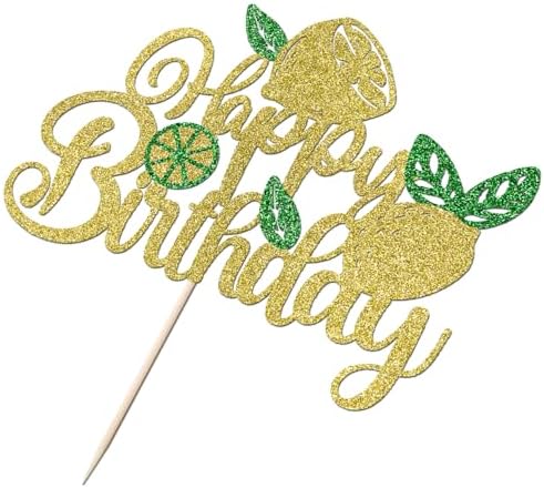 1 PCS Lemon Happy Birthday Cake Topper，Fruit Theme Baby Shower Kids Boys Girls Birthday Party Decorations，Glitter Fruit Theme Lemonade Party Cake Pick Decorations