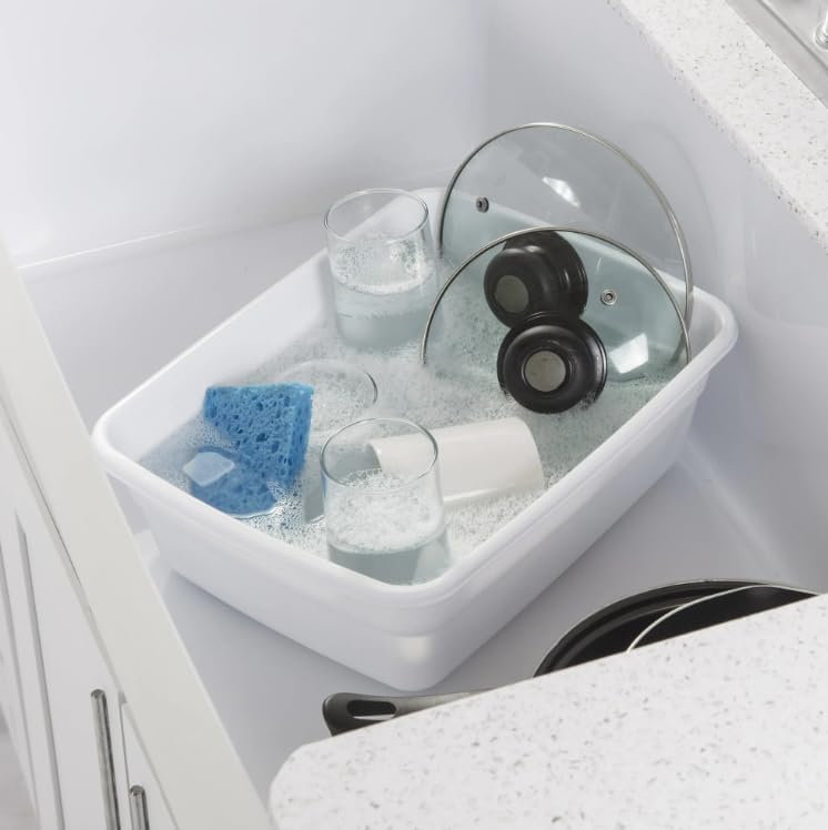 (2 Pack) 8 Qt White Plastic Dishpan, BPA-Free Multi-Purpose Wash Tub for Kitchen Sink, Compact Easy-to-Clean Dish Basin Fits Single/Twin Sinks, Food Safe for Dishes & Produce