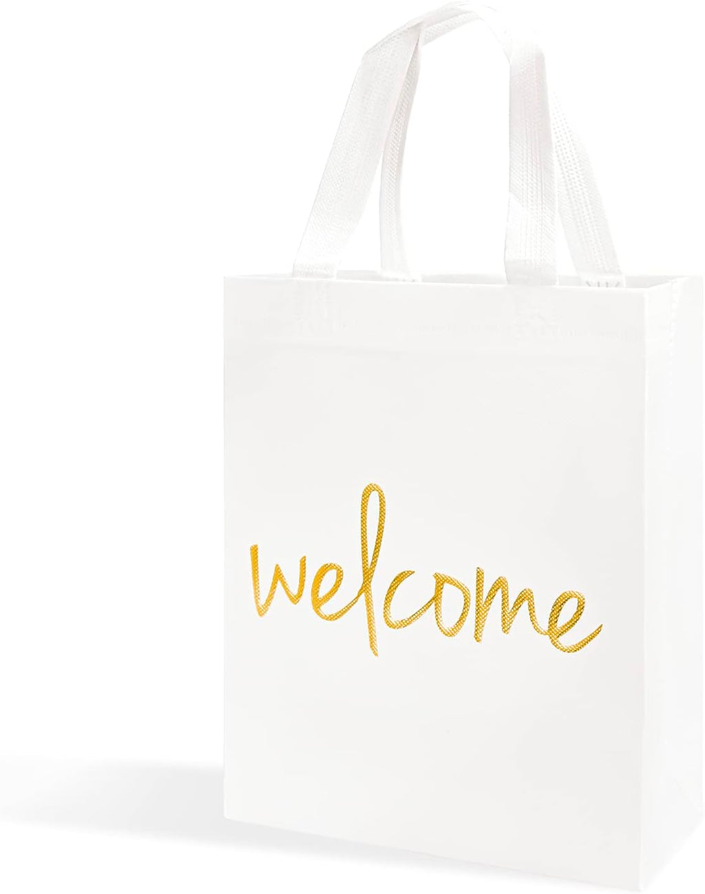 Crisky Reusable White Gold Welcome Gift Bags for Wedding Birthday Parties, 25 Counts Medium Size Eco-Friendly Non-Woven for Guests, 11 x4 x9 Inches