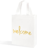 Crisky Reusable White Gold Welcome Gift Bags for Wedding Birthday Parties, 25 Counts Medium Size Eco-Friendly Non-Woven for Guests, 11 x4 x9 Inches