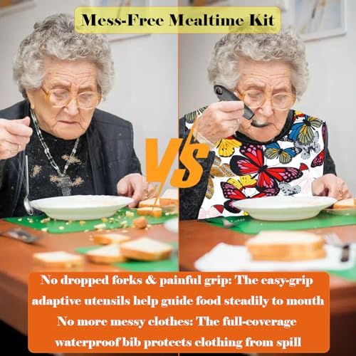 Adaptive Utensils with Adult Bibs for Women - 4pcs Weighted Utensils Set (2.5oz Each) for Hand Tremors, Elderly, Parkinson's, Arthritis - Non-Slip Easy Grip Handles for Independent Eating