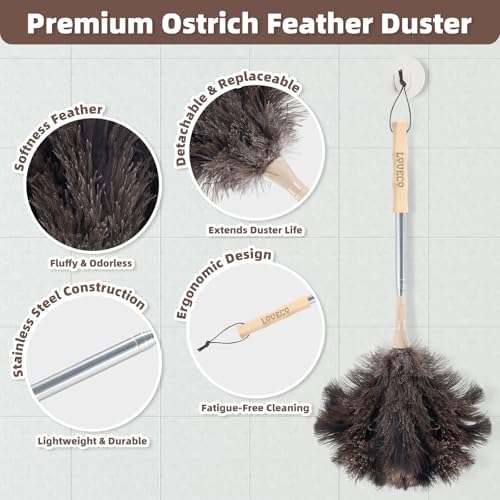 Ostrich Feather Dusters for Cleaning Kit - Reusable Soft Feather Duster Extendable to 49 inches for Cleaning Ceiling Fan, High Ceiling, Blinds & Retractable Small Duster for Keyboard, Car