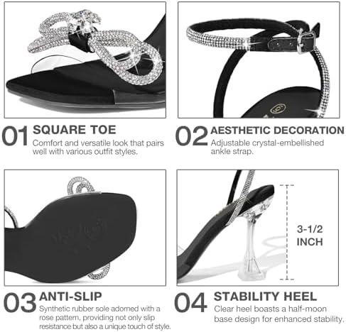 ZURIN Women's Rhinestone Bow Heels Square Toe Clear Heeled Sandals Slingback High Heels Dress Party Evening Prom Crystal Shoes