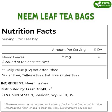 FreshDrinkUS, Premium 100 Neem Leaf Tea Bags, 100% Natural and Pure from Neem Leaves. Herbal Tea. No Sugar, No Caffeine, No Gluten, Vegan.