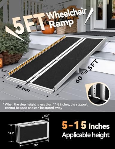 FACHNUO 5 Feet Portable Wheelchair Ramp, Non-Skid Aluminum Handicap Ramps with Handle, Folding Threshold Wheel Chair Ramp for Home Steps, Stairs, Entry, Threshold, Doorways, Scooter, 800LBS Capacity