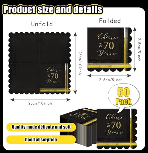 SietDESEO 50 PCS 3-ply 70th Birthday Scalloped Napkins Disposable 5 x 5 Inches Cheers to 70 Years Paper Napkins Black and Gold Cocktail Napkins for Birthday Anniversary Party Supplies Beverage Napkins
