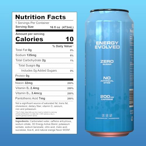 3D Energy Drink – Sugar Free, 200mg Caffeine, Pre Workout, Taurine, L-Carnitine, Lightly Carbonated, 16oz Cans, 12 Pack - Blueberry Mist