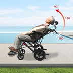 Lightweight Reclining Travel Wheelchair, Folding All Terrain Reclining Transport Wheelchair for Adults and Seniors, 18.11in Reclining Seat with Adjustable Backrest & Headrest, Support 286lbs