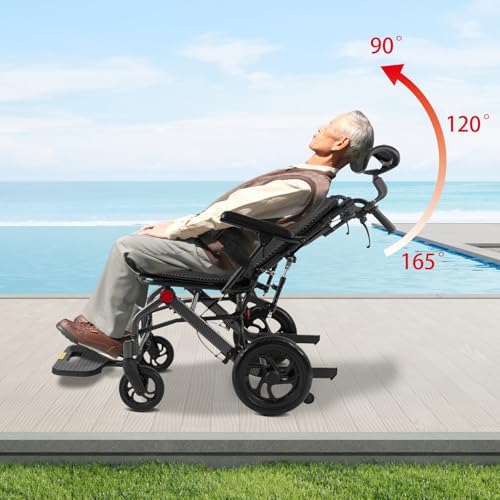 Lightweight Reclining Travel Wheelchair, Folding All Terrain Reclining Transport Wheelchair for Adults and Seniors, 18.11in Reclining Seat with Adjustable Backrest & Headrest, Support 286lbs