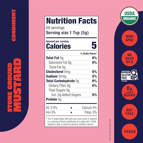 Organicville Stone Ground Mustard - Organic Mustard, 0g Added Sugar, Mustard Stone Ground Organic, Vegan, Gluten Free, USDA Organic, Non-GMO, Whole 30, Paleo, Keto-Friendly - 12 Oz