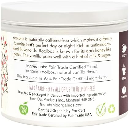 Friendship Organics Vanilla Rooibos Tea Bags, Organic and Fair Trade Herbal 22 Count