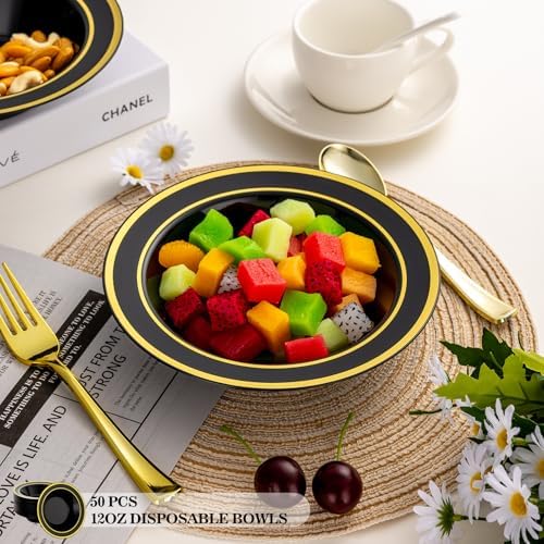 50 Pack Black Disposable Soup Bowls with Gold Rim,12oz Disposable Soup Bowls,Disposable Soup Dessert Salad Bowls for Wedding/Party/Catered Events