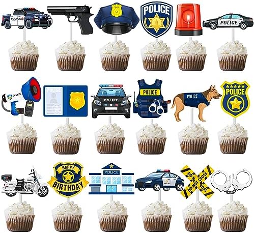 Police Cupcake Toppers 36Pcs Party Picks - Policeman Birthday Decoration Theme Cake Decorations for Officer Baby Shower Supplies
