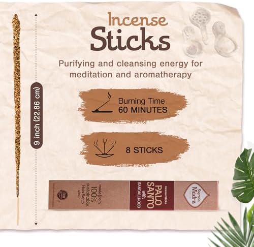 Sagrada Madre 8pcs Wildly Harvested Thick Palo Santo Incense Sticks (Sandalwood), 9” Long - Eco Friendly, Non-Toxic, Aromatic Incense Sticks (1hr Burning Time) to Heal & Calm Your Body and Environment