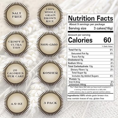 Salt Free Rice Cakes Unsalted - Ultra Thin Rice Cakes - Whole Grain Brown Rice Cakes - Fat Free, Non GMO, Gluten Free Rice Cakes - Low Calorie Snacks - All Natural - 3 Pk