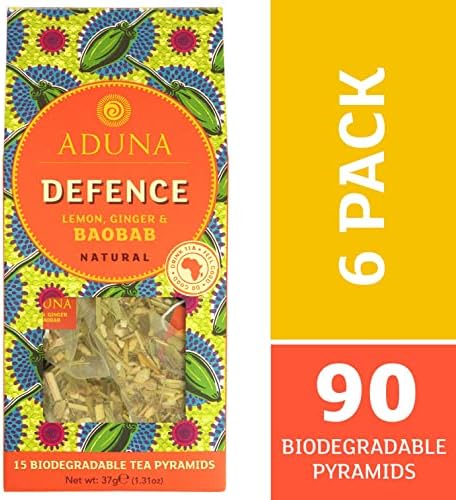 Aduna Defense Baobab Super Tea | Natural Caffeine-Free Herbal Infusion with Baobab, Ginger, & Lemon | Superfood Tea for Immunity & Digestive Support | 15 Biodegradable Pyramid Bags x 6 Packs