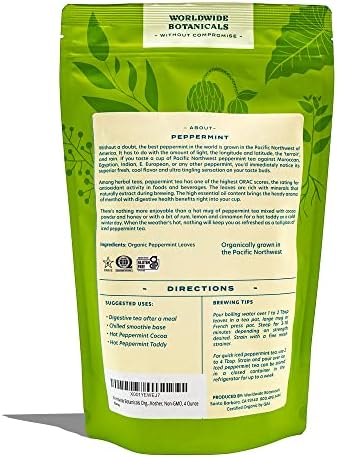 Worldwide Botanicals Organic Peppermint Loose Leaf Tea, 4 oz - Pacific Northwest Organic Cultivation, Highly Aromatic Digestive Tea, Antioxidant, Caffeine Free