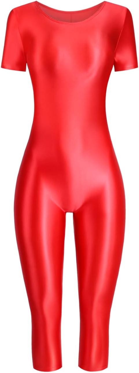 elastic fabric, glossiness, one-piece underwear and pants, short-sleeved style, one-piece 7 inch pants