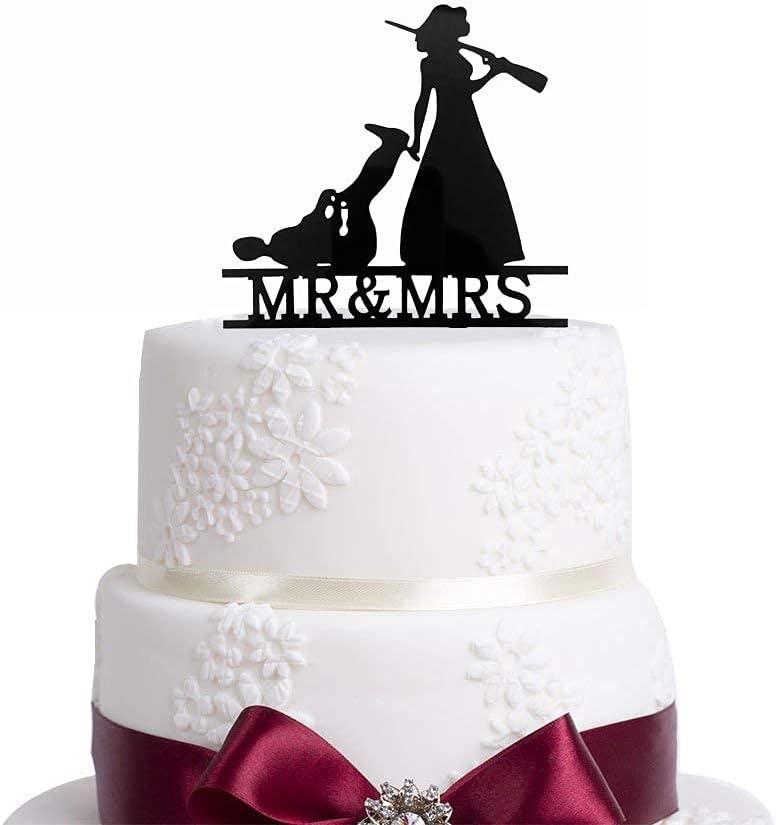 Bridal Garter Hunter Rifle Wedding Cake Topper Hunting Themed Cake Decorations The Hunt is Over Cake Topper Mr and Mrs Cake Decor for Wedding Bridal Shower Anniversary Party Supplies