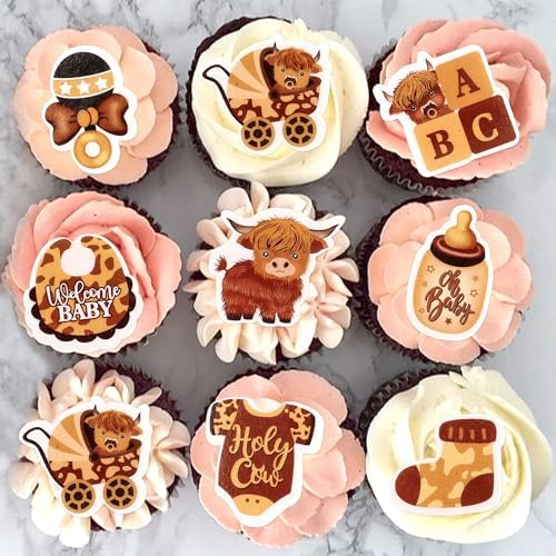Edible 40Pcs Highland Cow Cupcake Toppers Farm Animals Cupcake Picks Highland Cow Theme Baby Shower Kids Birthday Party Cake Decorations Supplies