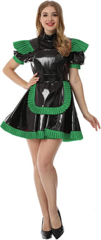 High Collar PVC Leather Maid Dress Shiny Pu Leather Short Puff Sleeve Outfit,Green,M