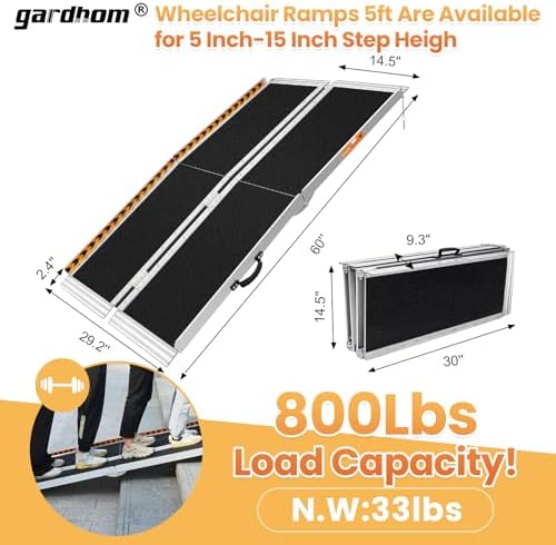 gardhom 5FT Ramp for Wheelchair for Home Steps, 800Lbs Load Capacity Anti-Slip Aluminum Portable Folding Handicap Ramp for Home Entrance Threshold Doorways Stairs Curbs Scooter