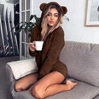 Women's Warm Fuzzy Hooded Romper Short Playsuit Jumpsuit