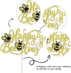 1 PCS Happy Bee Day Cake Topper Glitter Honeycomb Flower Bumble Bee Theme Cake Pick Baby Shower Bee Cake Decoration for Gender Reveal Baby Shower Kids Boys Girls Birthday Party Supplies Gold