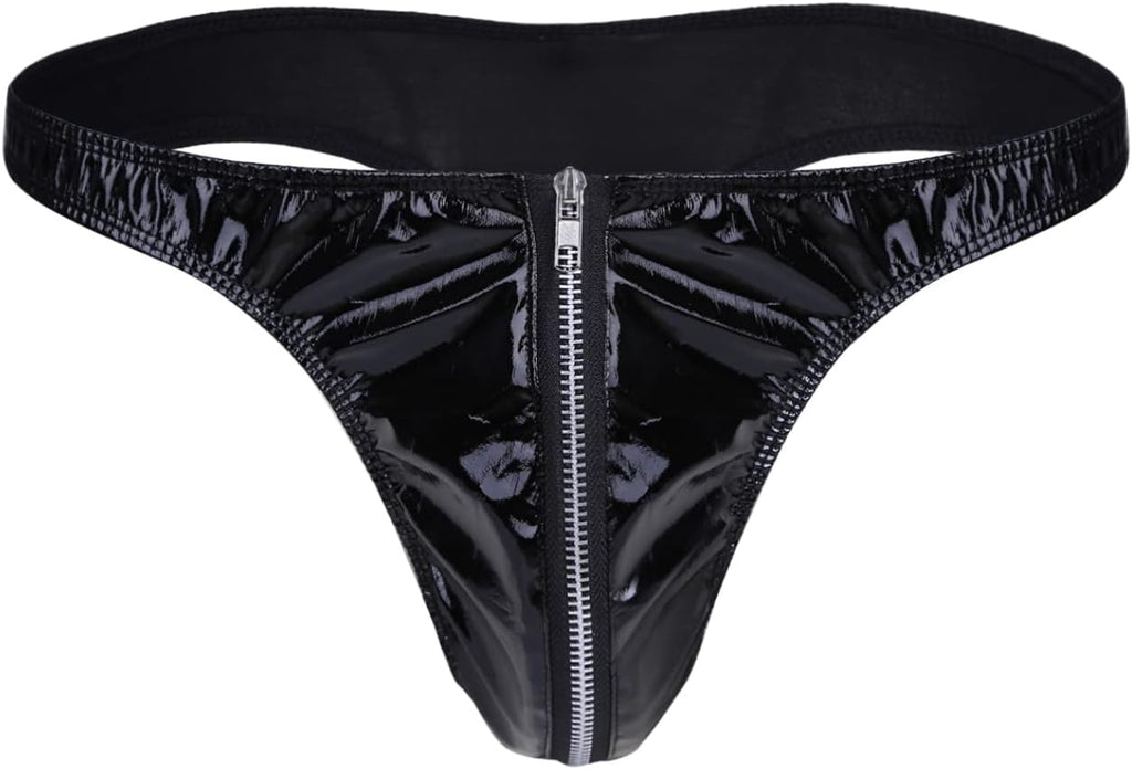 Men's Sexy Lingerie Jockstrap Shiny Metallic Zipper Open Front Pouch G-String Thongs Underwear