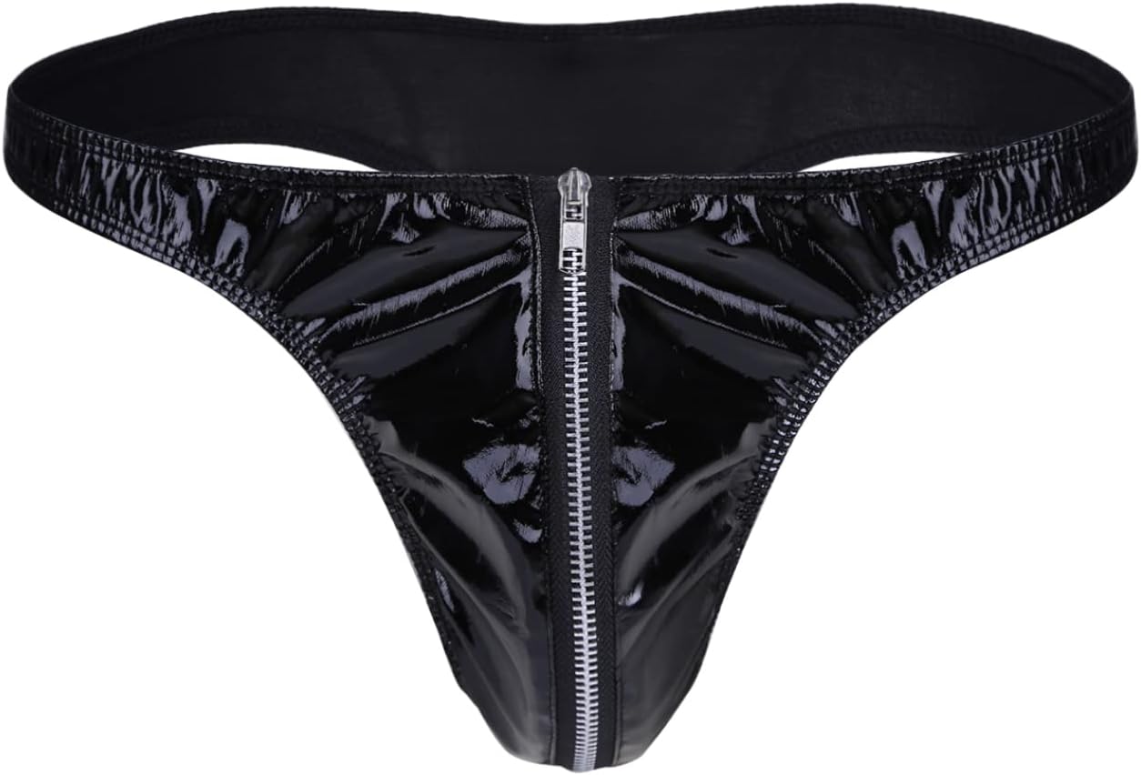 Men's Sexy Lingerie Jockstrap Shiny Metallic Zipper Open Front Pouch G-String Thongs Underwear