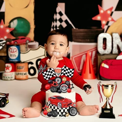 MEMOVAN Racing Wheel Cake Topper 27PCS Race Car Cake Toppers Tyre Cake Decorations Checkered Flag Car Cake Cupcake Decoration for Man Boy Kid Racing Car Theme Birthday Supplies