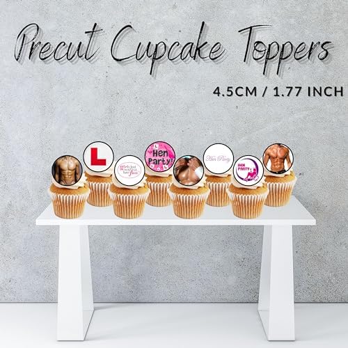 PRECUT Hen Party Cupcake Toppers, Edible Girls Night Cake Decorations, Edible Bachelorette Cake Decorations, Hen Night Cupcake Decoration, 4cm / 1.5 Inch wafer Card Discs (12)
