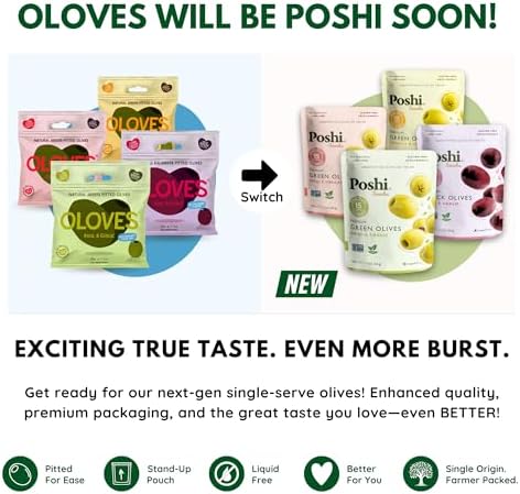 Poshi Natural Whole Pitted Olives | 24 Pack Variety | Basil & Garlic, Chili & Oregano, Chili + Garlic, Lemon & Rosemary | Vegan, Kosher, Gluten Free + Keto Friendly Healthy Snacks, 1.1 Oz (Pack of 24)