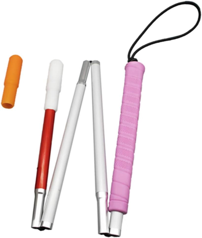 Aluminum Folding Cane for The Blind,Folds Down 4 Sections, White Cane for Children,with 2 Tips, (Pink Handle, 80 cm)